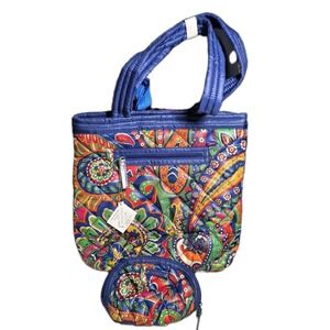 Vera Bradley Puffy Reversible Tote & Cosmetic Bag Venetian Paisley Blue Quilted